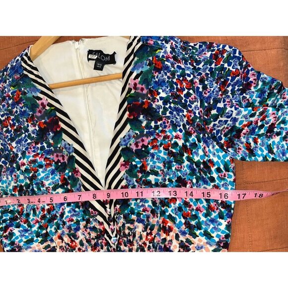 Saloni Eve Striped Rainbow Floral Print Puff Sleeve Button Front Mini Dress 6 - Picture 8 of 11